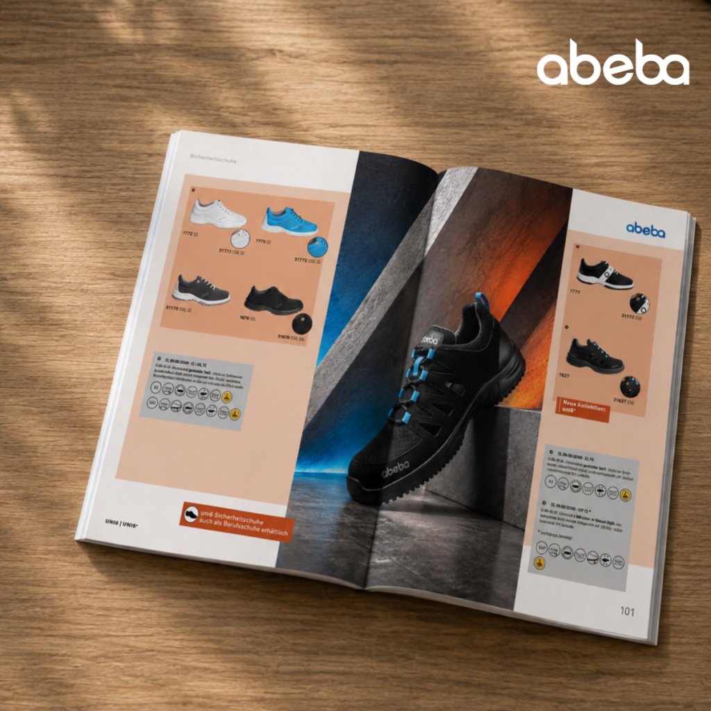 Catalogue ABEBA présentant les chaussures de travail et de sécurité de la gamme actuelle
