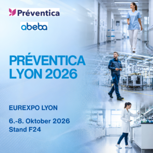 ABEBA auf der Préventica Lyon 2026 mit Pflegekraft, Industriearbeiter und Laborantin